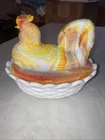 Vintage Westmoreland Orange Slag Glass & Milk Glass Hen On A Nest