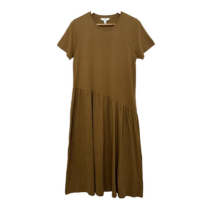 M&S Brown Short Sleeve Asymmetric Seam Midi Dress Size 12 Cotton