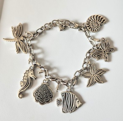 Brighton Island Breeze Silver Charm Bracelet RETIRED 7''-8'' Ajustable Ocean Theme