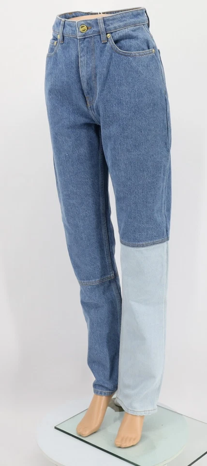 GANNI SWIGY LOGO PATCH JEANS WOMENS 27 STRAIGHT FIT LIGHT BLUE RRP £225 AD