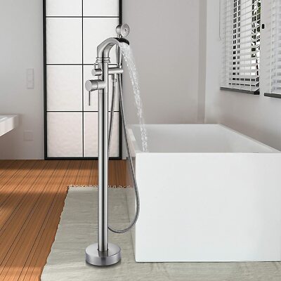 Freestanding Bathtub Faucet Waterfall Tub Filler Brushed Nickel Floor Mount Tap