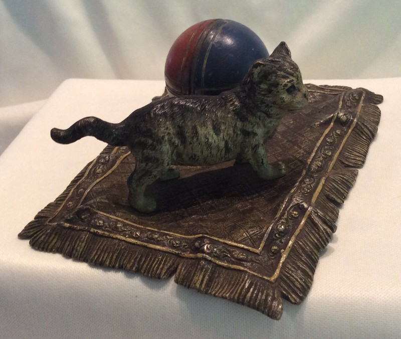 ANTIQUE AUSTRIAN BRONZE CAT and BALL INKWELL