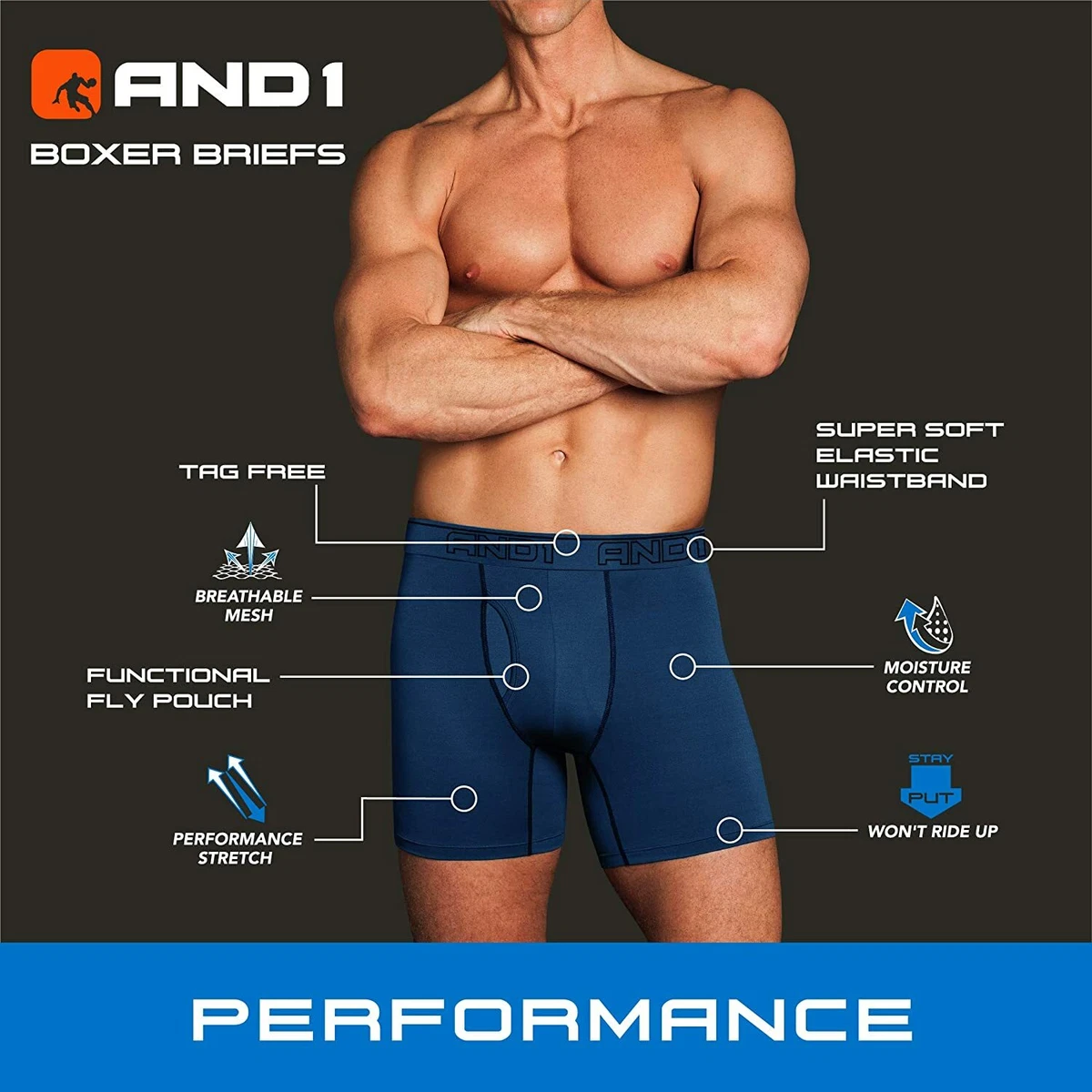 AND1 Men's High Performance Compression Boxer Briefs Active Underwear (6  Pack)