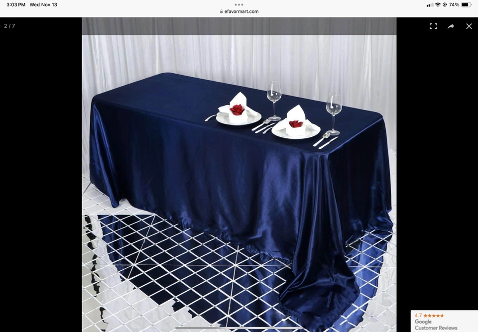 5 Navy Blue Satin 90x132" RECTANGLE TABLECLOTH for 6 foot table with floor lengt - Image 4 of 4