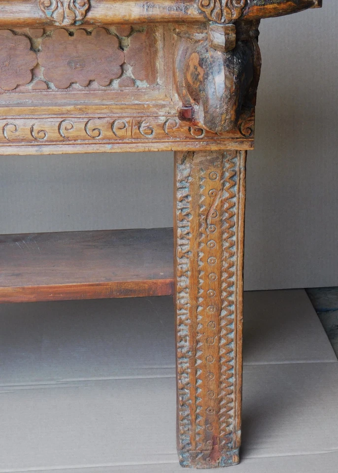 Consola tallada mesa de altar elefantes del sudeste asiático astillado estante de madera dura Foto 4 de 4