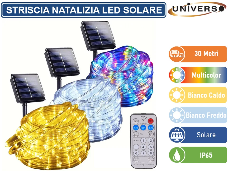 UNIVERSO STRISCIA NATALIZIA LED DA ESTERNO CON PANNELLO SOLARE E TELECOMANDO 30M