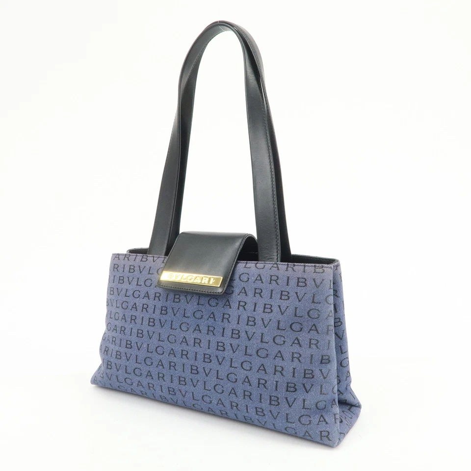 Bolso de hombro de cuero vaquero BVLGARI Logo Mania azul negro auténtico usado envío gratuito Foto 3 de 4