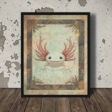 Vintage AXOLOTL Wall Art, SALAMANDER Seaweed Poster, Amphibian Nautical Decor