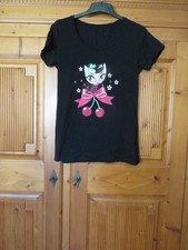 Shirt Damen Rockabilly schwarz Katze Kirschen Gr. S