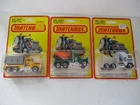 Matchbox Lesney Superfast SF19 Peterbilt Mixer & SF30 Dump, SF45 Kenworth, cards