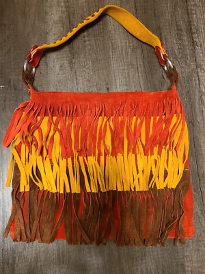 Claudia Firenze Purse Suede Leather Fringed Fall Shoulder Bag Boho Orange Brown