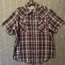 Vintage Ely Cattleman Shirt Mens XL Tall Pearl Snap Western Black Gray Red Plaid