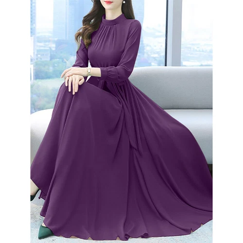 Damen Langarm O-Ausschnitt Swing Kleid Abend Ballkleid Mode Langes Maxikleid - Bild 16 von 19