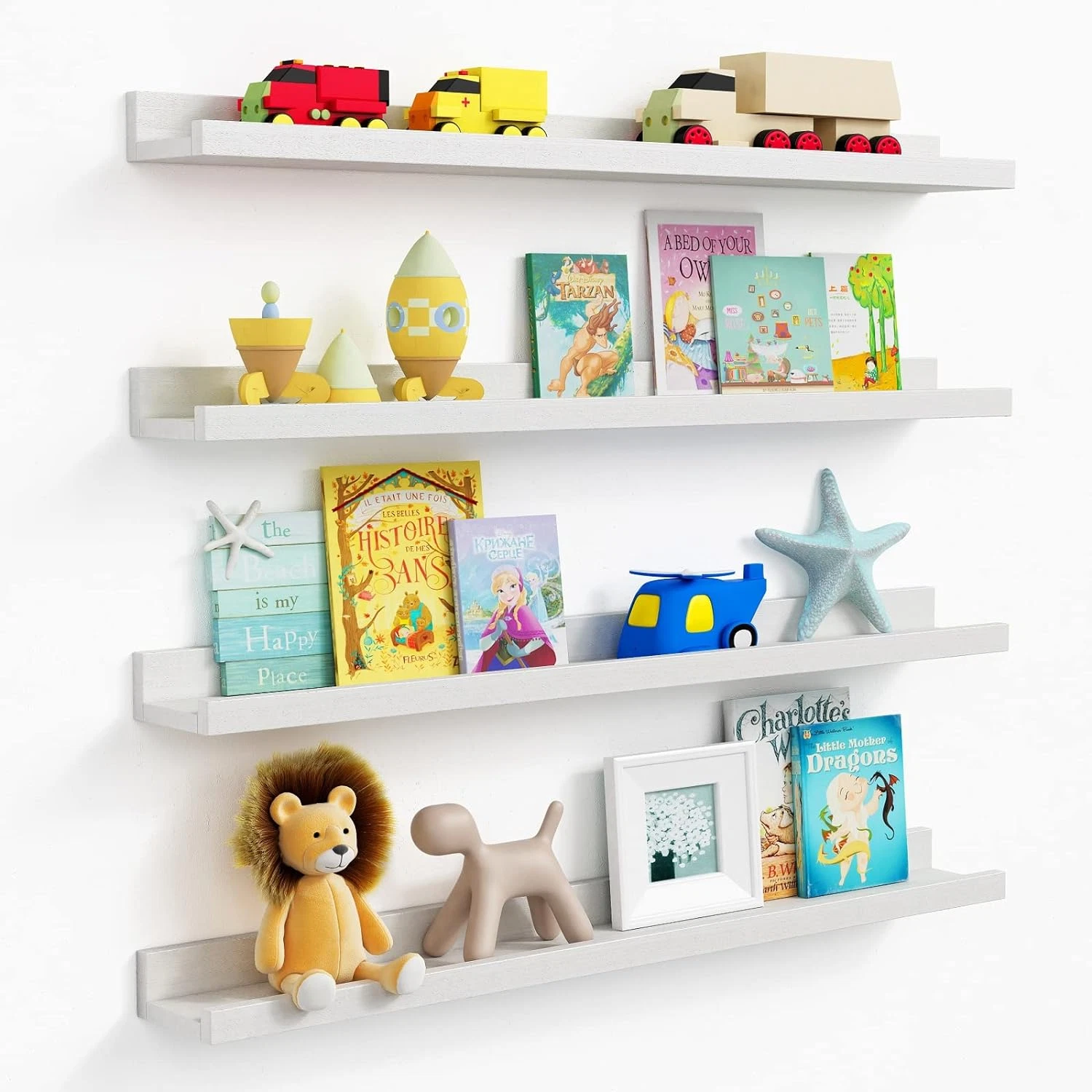 36" White Floating Shelves Set of 4 for Kids Room & Living Room Decor