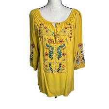 Urban Mango Blouse Womens Large Yellow Embroidered Beaded Long Sleeve Tie Front