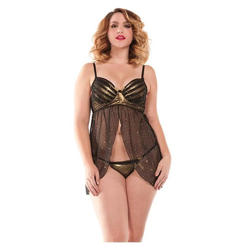 Raveware - Women&#039;s Plus Babydoll Lingerie Set - Gold/Black - Size 2XL eBay