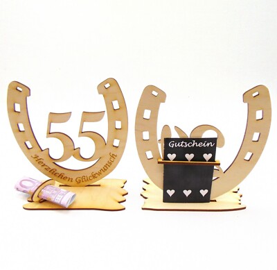 55th Birthday, Money Gift, Wooden Horseshoe with Congratulations Engraving Voucher
