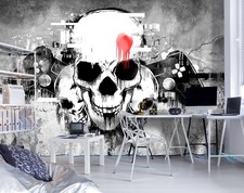 Vlies Tapete XXL Poster Fototapete Totenkopf Feuer Glut Farbe Schwarz Weiß, Größe 200 X 200 Cm