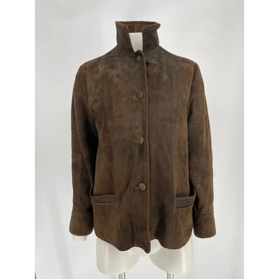 Chaqueta de cuero de gamuza marrón vintage para mujer forro con cremallera años 70 M blazer con botones Foto 3 de 4