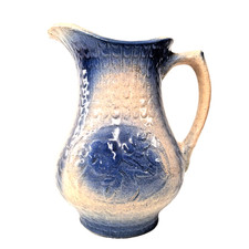 Antique Blue & White Salt Glaze Stoneware Pitcher Relief Floral