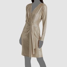 Ralph Lauren Women Gold Metallic V-Neck Pleated Long-Sleeve A-Line Dress Size 6