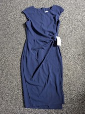 Sistaglam Midi Dress Size 12 Blue Crepe Faux Wrap Twist Front Drape
