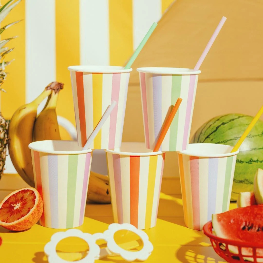 Colourful Striped Paper Cups | 400ml Summer Party Drinkware | Pack of 6