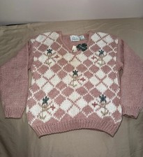 Vintage Shenanigans Hand Knit Sweater Womens M Pink Argyle Floral Cottagecore