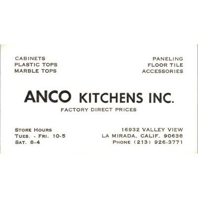 ANCO Kitchens Inc La Mirada CA Vintage Business Card SD8-B13