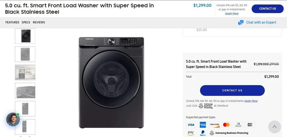 Samsung 5.0 Cu. Умная стиральная машина с фронтальной загрузкой черная нержавеющая (WF50R8500AV) - Изображение 2 из 4