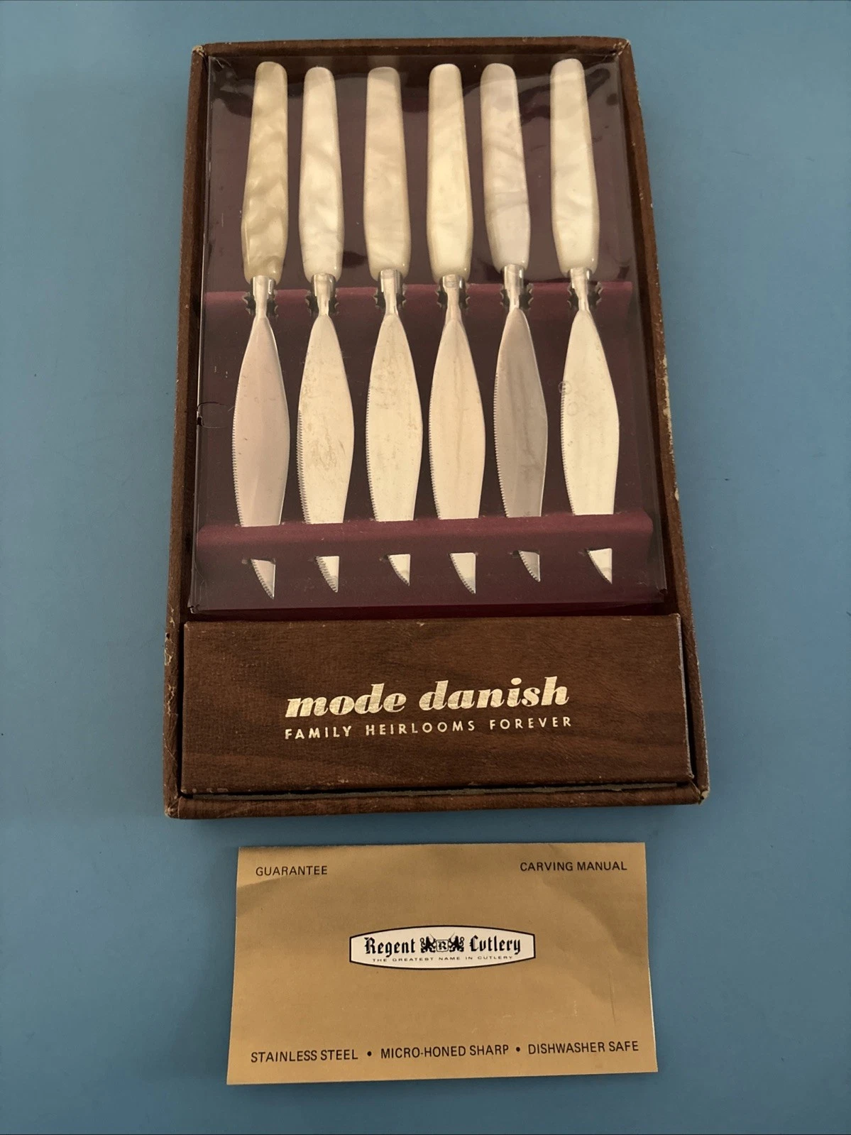 6 Mode Danish Stainless Steel Knives MCM Faux Pearl Serrated Blade England