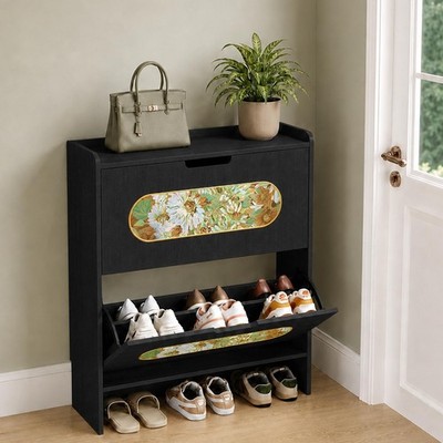 Shoe Cabinet with 2 Flip Drawers and Floral Fabric Panels, Black