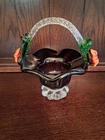 Murano Amethyst Glass Basket Clear Base Applied Clear Handle With Orange Flowers