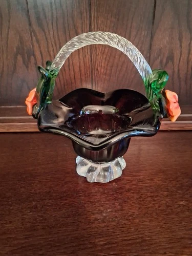 Murano Amethyst Glass Basket Clear Base Applied Clear Handle With Orange Flowers