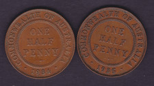 AUSTRALIA 1934-1935 HALF PENNY - GEORGE V - VF COINS - 6 PEARLS (HM88.4)