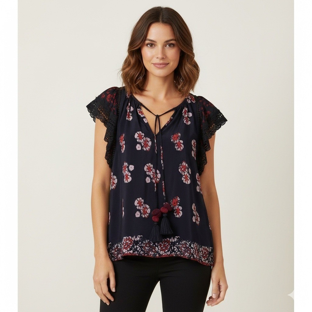 Sea New York Navy Floral Lace Trim Tassel V-Neck Boho Blouse Top Size 8