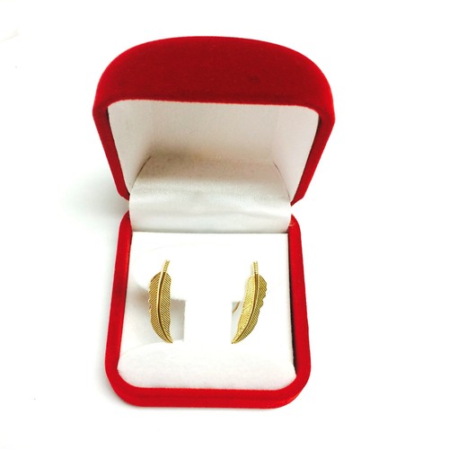 14K Yellow Gold Feather Leaf Design Climber Earrings - Picture 4 of 5