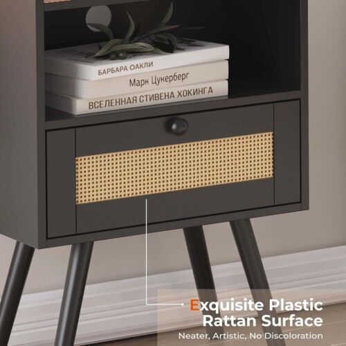 Nightstand With Charging Station & Rattanlike Decor Drawer Rattan End Table With - Picture 6 of 8