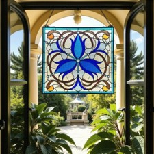 Blue Lilies Stained Glass Windows Panel Suncatcher 16x16in