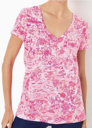 Lilly Pulitzer Etta V-Neck Top Peony Pink Seaside Scene Gr. XXL Neu mit Etikett - Bild 1 von 9