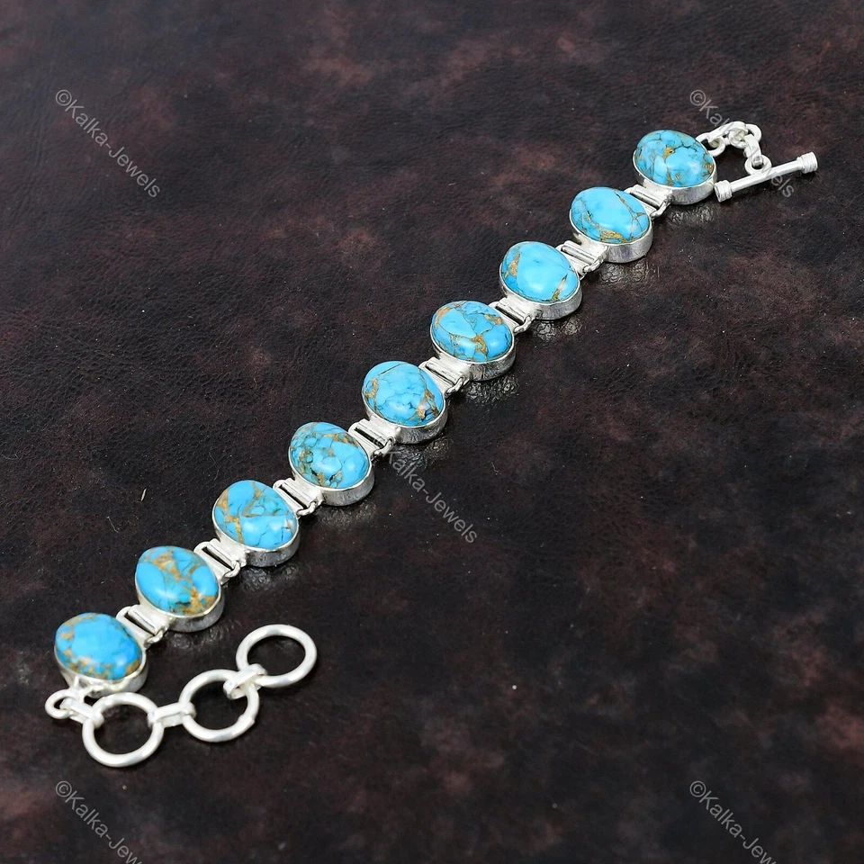 Natural Copper Blue Turquoise Chain Adjustable Bracelet 925 Silver For Women - Image 4 of 4