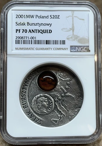 Poland 2001 20 Zlotych NGC PF70 Antiqued Amber Route Szlak Bursztynowy