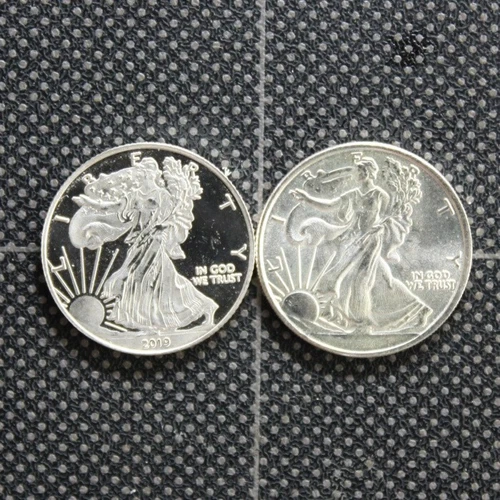 PAIR OF WALKING LIBERTY ASE Design 1/10 Troy Ounce .999 SILVER ROUNDS proof like