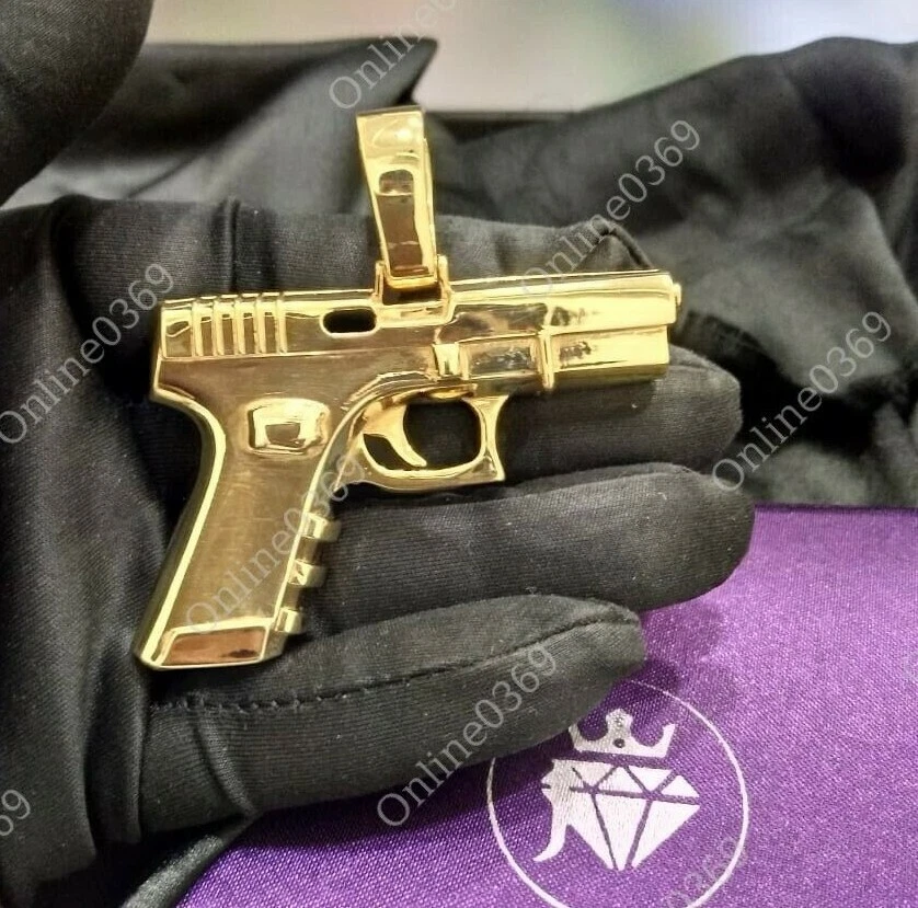 Men s Customized Solid 925 Sterling Silver Gun Pendant 14k Yellow