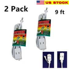 2 Pack 9 FT 3 Outlet Indoor Wall AC Extension Cord Cable Safety Switch UL Listed