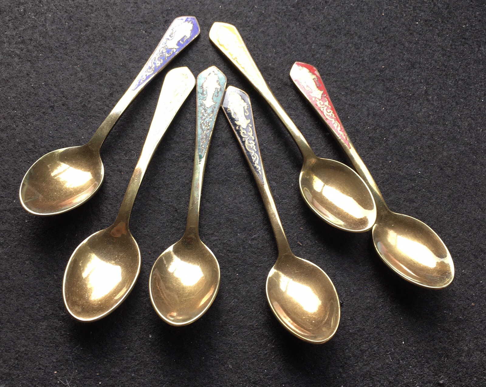 Vtg Demitasse Teaspoon Brass Enamel Thailand Siam Set Of 6 Double