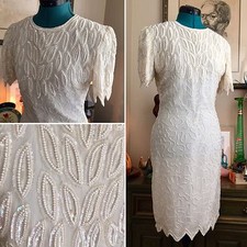 Vtg Beaded EMBROIDERED Cocktail DRESS Art Deco S/PP Gatsby Flapper Angel Costume