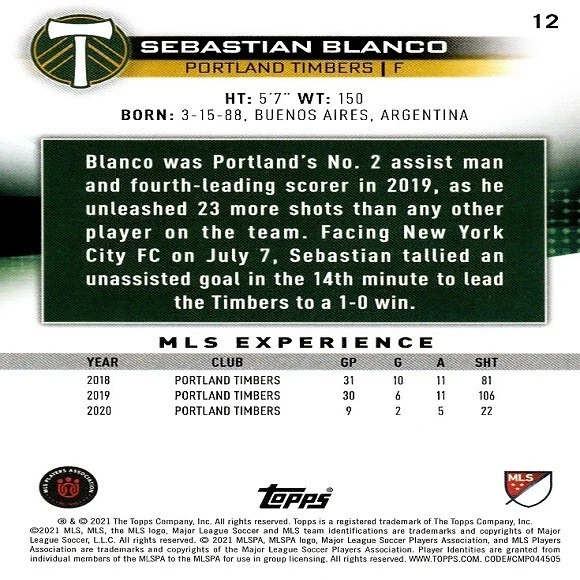 Sebastian Blanco (Portland Timbers) 2021 Topps MLS Experience Card - Number 12 - Image 2 of 2