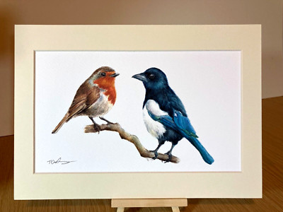 Magpie and Robin print from original watercolour painting, British garden birds 
