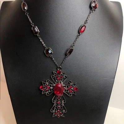 9459 JLO Gothic Red Rhinestone Cross Pendant Necklace 16-19'' Gunmetal Chain
